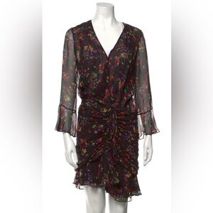 Veronica Beard Black Floral Sheer Long-Sleeve Ruched Dress